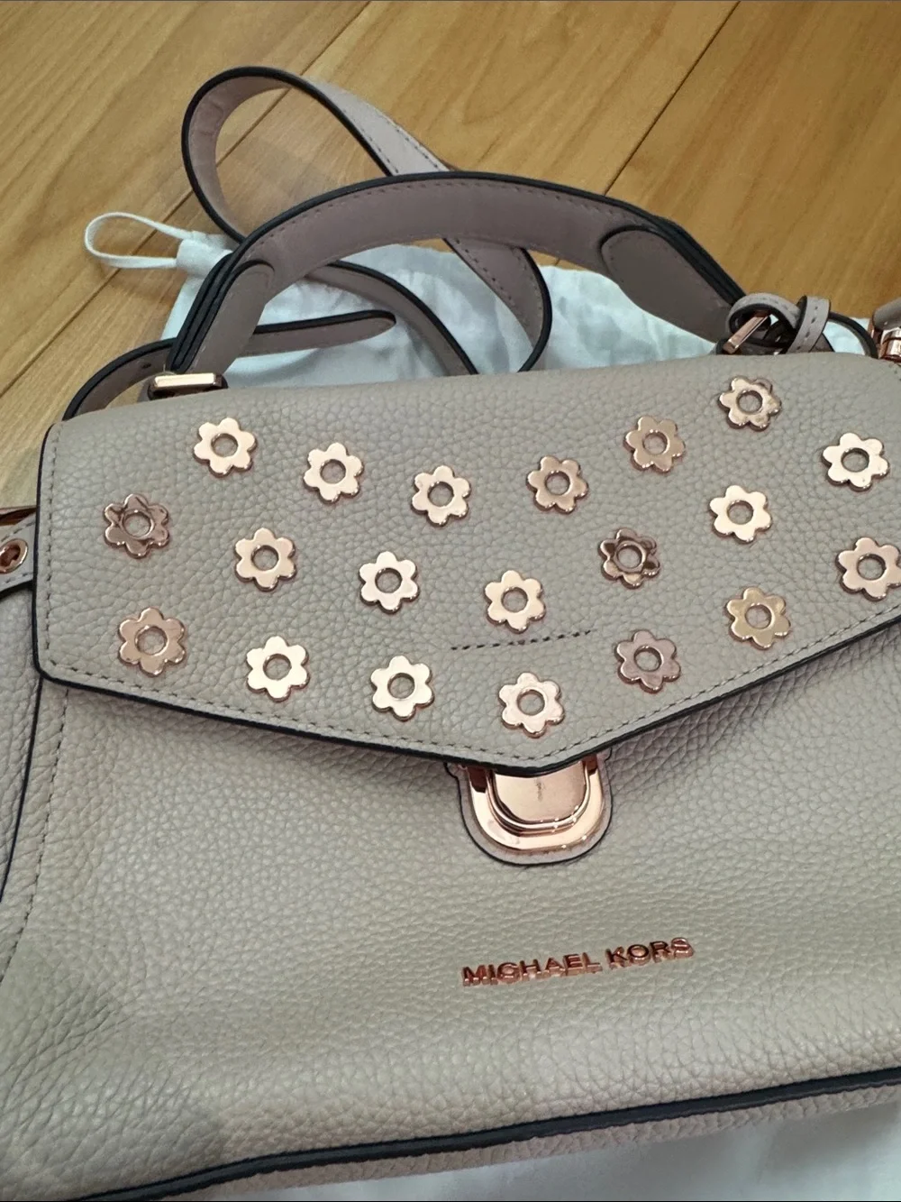 Michael Kors Cream Leather Top-Handle Satchel with Rose Gold Floral Studs